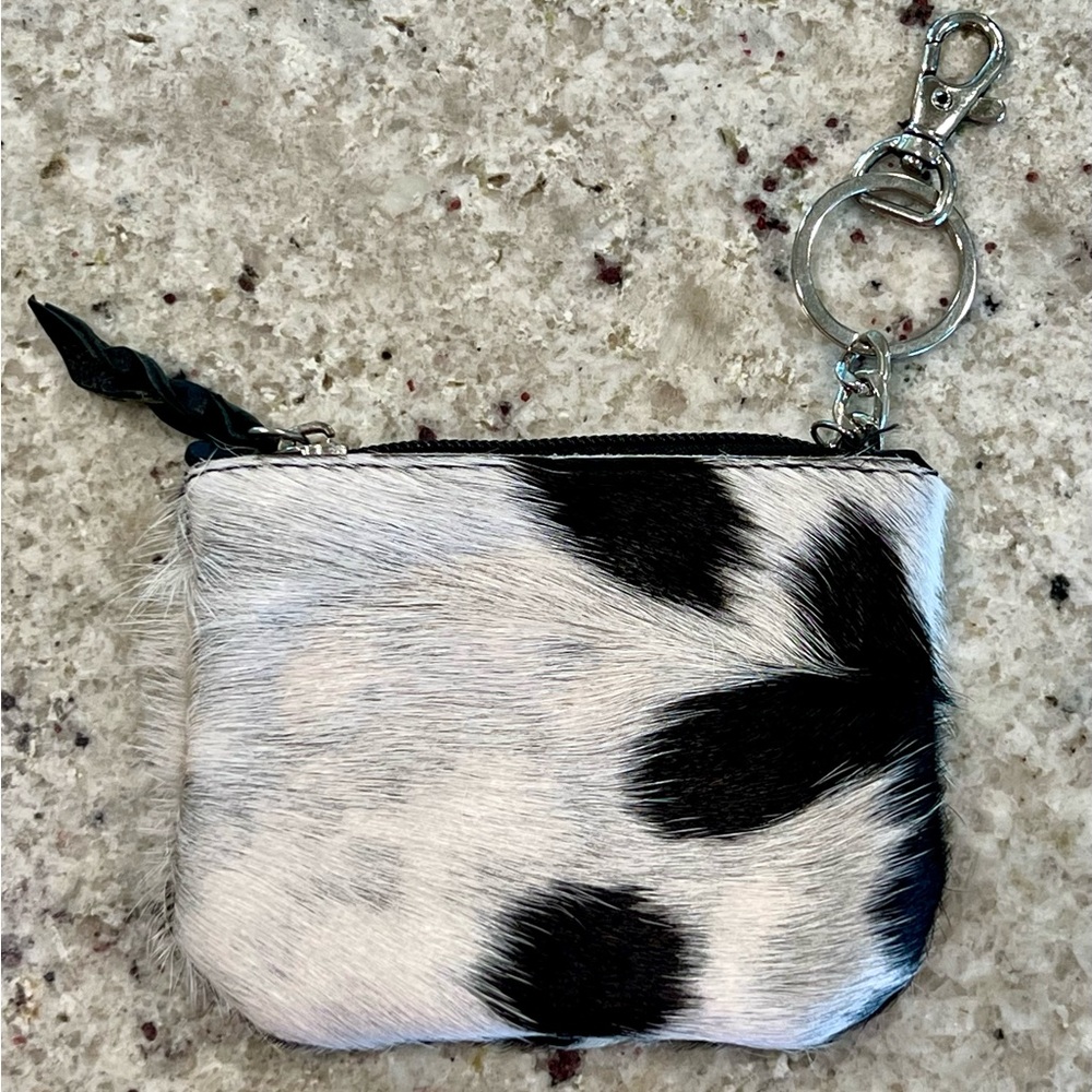 NEW Stylish Black and White Genuine Fur on Cowhide Keychain Coin Purse